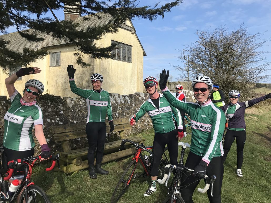 Velo Club Walcot members smiling and waving at Barrys Bristol Blast cycle ride